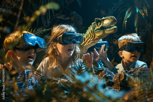 Group of children wearing virtual glasses, interacting with a lifelike dinosaur in a virtual prehistoric setting