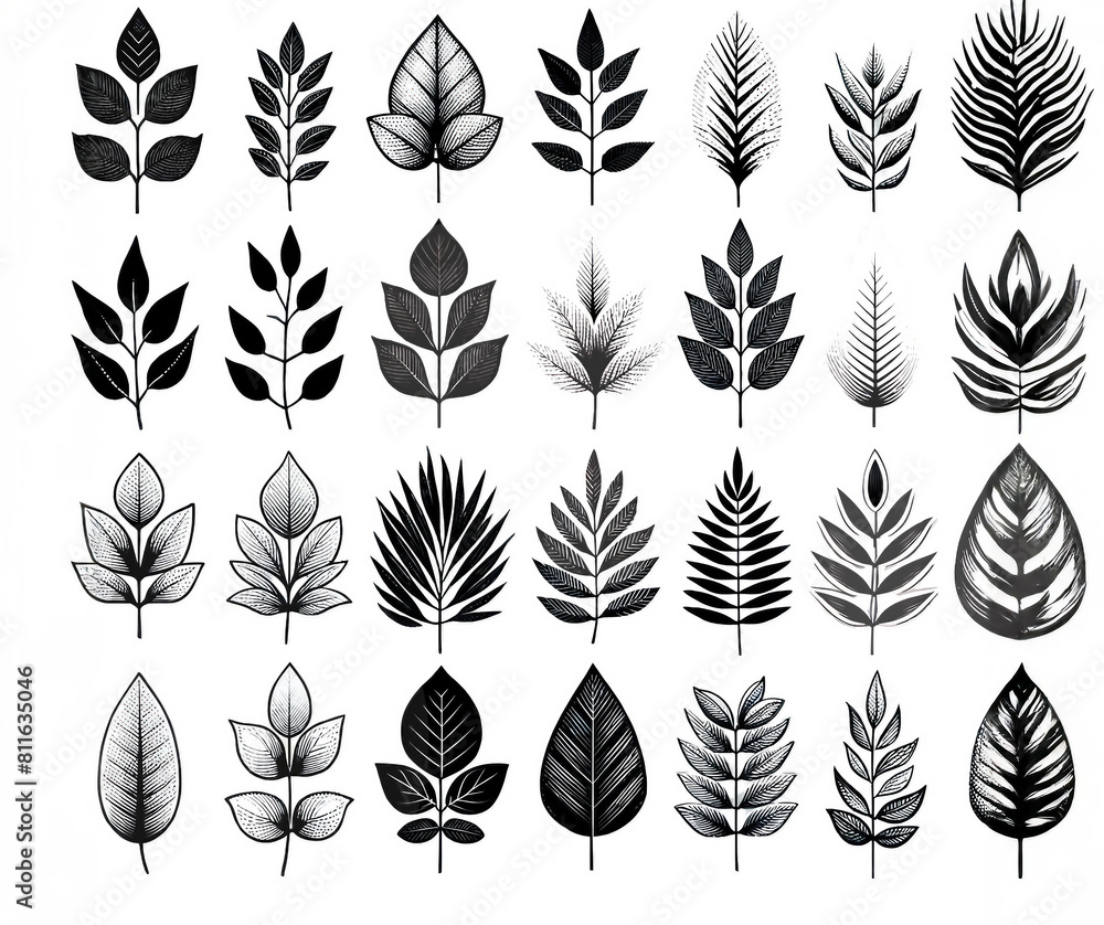 Fototapeta premium Collection of Black and Gold Leaf Silhouettes and Patterns Isolated on White Background 