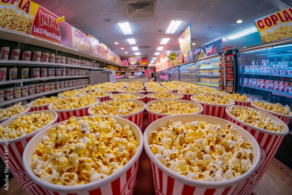 A store filled with rows of popcorn buckets in a concession stand or ...