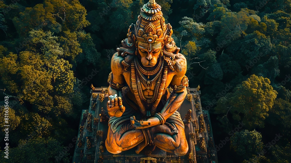 A statue of hindu god in the middle of a forest.