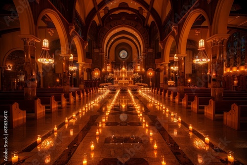 A large church with rows of flickering candles lining the altar area  with a prominent Bible positioned amidst the candlelight