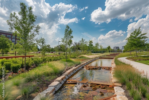A wide-angle view of a river meandering through a lush green park landscape, showcasing eco-friendly water runoff features