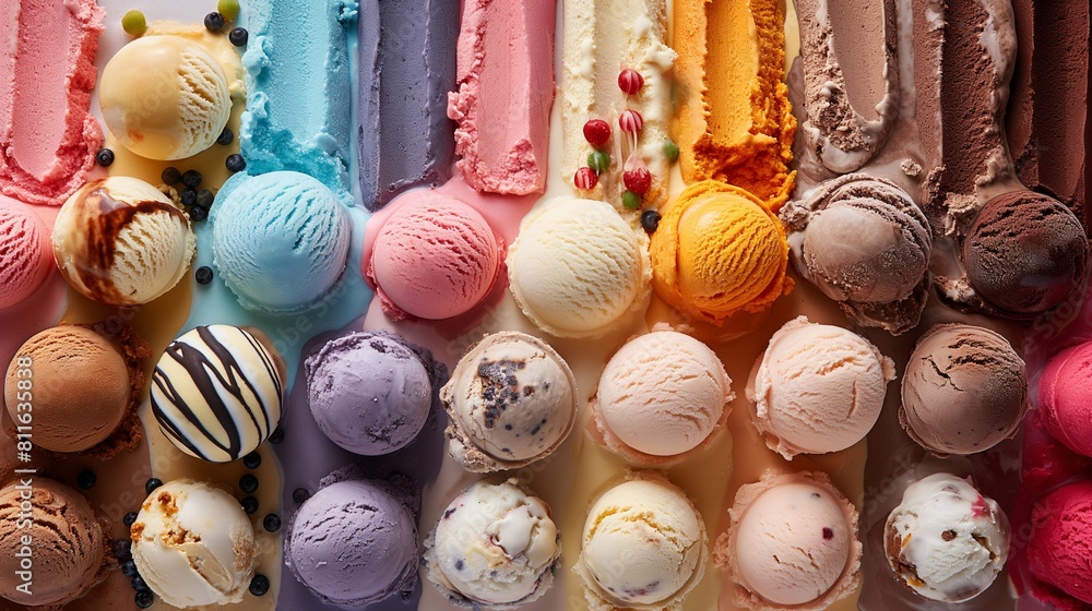 A vibrant collage of assorted ice cream flavors arranged in perfect symmetry, tempting the taste buds