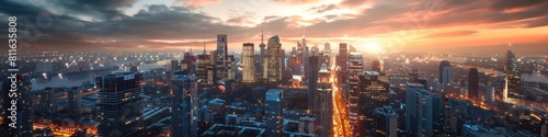 Enchanting Urban Skyline at Dusk with Twinkling Lights and Bustling Traffic photo