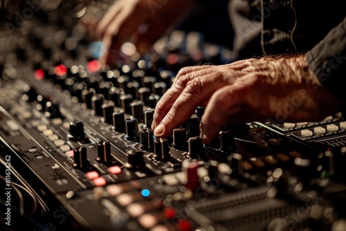 Close-up of hands on a mixing board, fingers adjusting knobs and sliders controlled by an audio technician