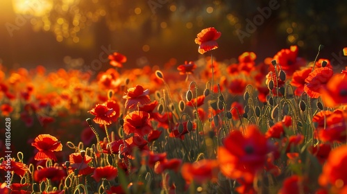 A field of red poppies at sunset.