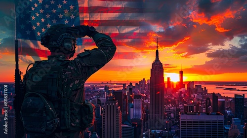 A soldier looking at the city with an american flag in the background. photo