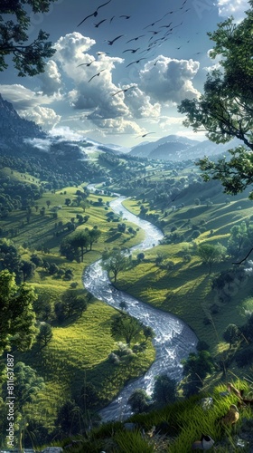 Winding River Flowing Through Lush Green Valley with Drifting Clouds and Chirping Birds