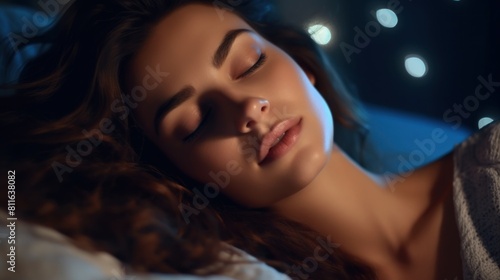 a person lying in bed.The background has dark blue shades with light spots