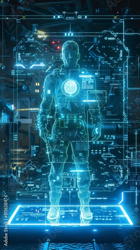 Steampunk interpretation of a soldiers wireframe hologram using retrofuturistic gadgets  surrounded by blue neon lights and steampowered quantum cores