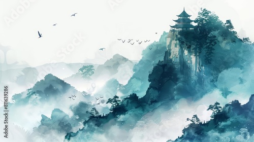 A set of watercolor of an ancient temple perched on a misty mountain, evoking a sense of mystery and reverence, Clipart isolated white background photo