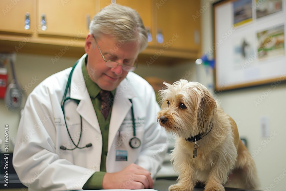 Compassionate Veterinarian Conducting Thorough Examination on Small Dog in Clinic Office, Providing Professional Care and Comfort to Beloved Pet Compassionate Veterinarian Conducting Thorough Examination on Small Dog in Clinic Office, Providing Professional Care and Comfort to Beloved Pet