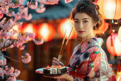 Woman in kimono holding a plate with sushi