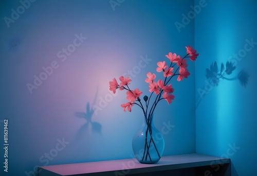 Clean Aesthetic Scandinavian style table with decorations. Zen. Spiritual Vase and flowers. Art, neon, museum, exhibition. 