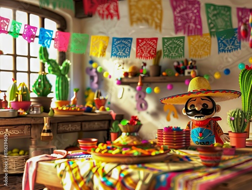 A mexican themed room with a toy and cactus.