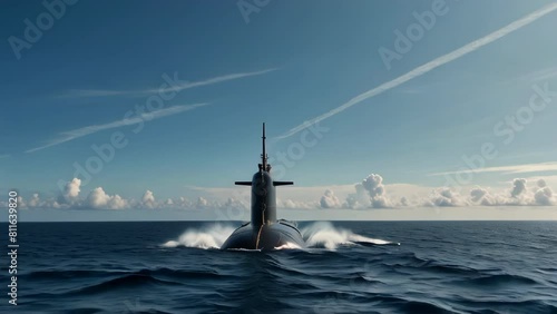 Military nuclear submarine launches torpedo missile in vast expanse of open ocean photo