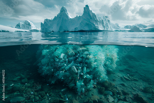 Beautiful underwater landscape cold Antarctic sea,
Huge underwater floating iceberg and snowwhite peaks above water
 photo