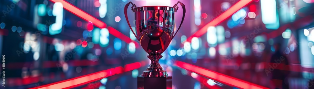 An award for the top player in a digital competition, illuminated by a vibrant red neon backdrop An award for the top player in a digital competition, illuminated by a vibrant red neon backdrop