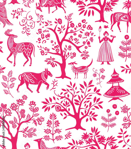 An illustration of traditional Polish folk ornament with people  animals and trees in pink color on a white background