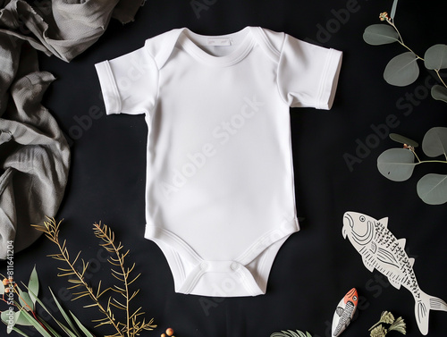 Top flatlay view of white blank baby bodysuit POD mock up toy fishing angler rod lure trout fish sport hobby theme minimal modern lux mockup dark black empty infant toddler product template background photo