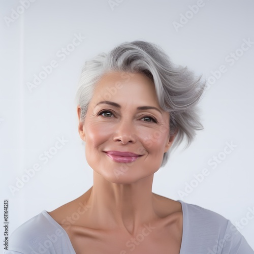 Portrait of beautiful senior woman with short white hair. Generative AI.