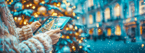 Hands navigate tablet against backdrop of twinkling festive lights, exploring urban winter wonders digitally, suited for tech-savvy urbanites engaging with their city’s Christmas charm photo
