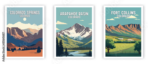 Colorado Spring, Arapahoe Basin, Fort Collins Illustration Art. Travel Poster Wall Art. Minimalist Vector art