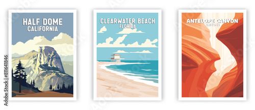 Half Dome, Clearwater Beach, Antelope Canyon Illustration Art. Travel Poster Wall Art. Minimalist Vector art