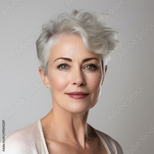 Portrait of beautiful senior woman with short white hair. Generative AI.