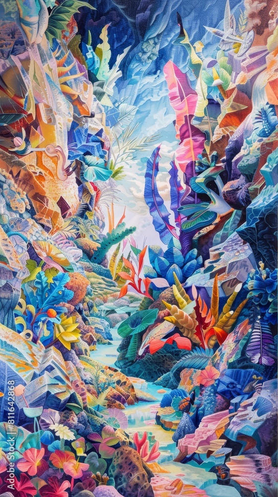 Surrealism Art of a whimsical quarry scene, where colorful aggregates are being extracted amidst fantastical, oversized flora, with vibrant colors and a glossy, surreal finish