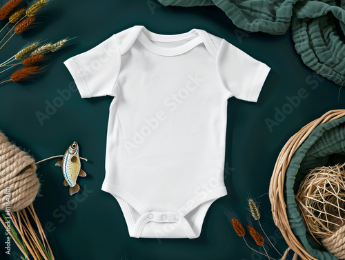 Top flat lay view of white blank baby bodysuit POD mock-up toy fishing angler rod lure trout fish sport hobby theme modern lux mockup emerald green empty infant toddler clothing template background photo