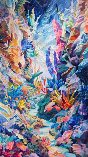 Surrealism Art of a whimsical quarry scene, where colorful aggregates are being extracted amidst fantastical, oversized flora, with vibrant colors and a glossy, surreal finish