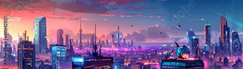 Creative futuristic design pop art color of a sprawling smart city controlled by advanced AI  depicted in cyberpunk color and offered as an illustration template