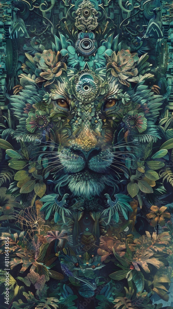 Fototapeta premium Surrealism Art of an ancient chimera in a mythical beast garden, depicted in a Baroqueinspired drama style with ornate details and a lush, highcontrast color palette