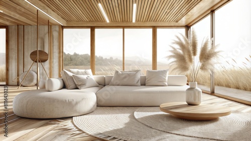 A modern living room with large windows, light colored wooden ceiling and floor, white sofa with beige cushions, round coffee table on the carpet, pampas grass in a vase near the window, bright daylig photo