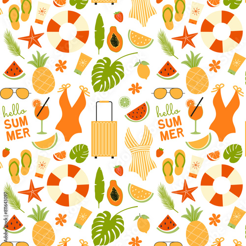 Seamless pattern with summer elements swimsuits, sunglasses, fruits, flip-flops, spf, tropical leaves. Vector illustration