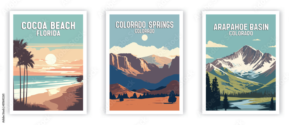 Cocoa Beach, Colorado Spring, Arapahoe Basin Illustration Art. Travel Poster Wall Art. Minimalist Vector art