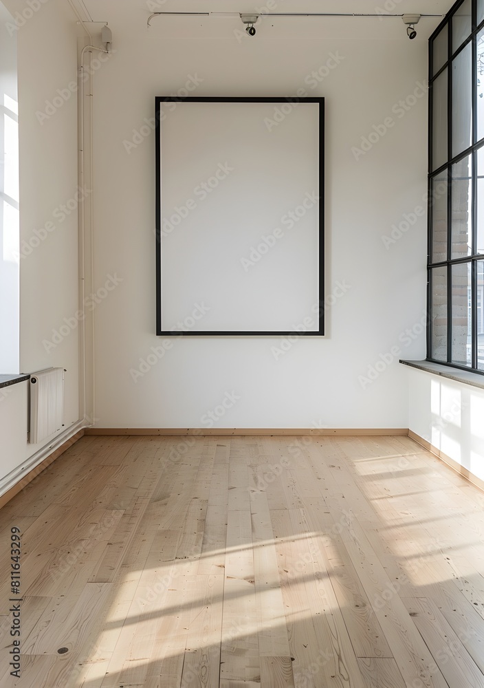 A blank poster frame hung on the wall of an empty room, with light wood floors and white walls A blank poster frame hung on the wall of an empty room, with light wood floors and white walls