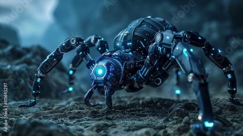 Surrealism of a selfsufficient, strategic asset robotic spider with night vision and terrain adaptation, rendered in a Dreamlike surrealism, Softfocus approach