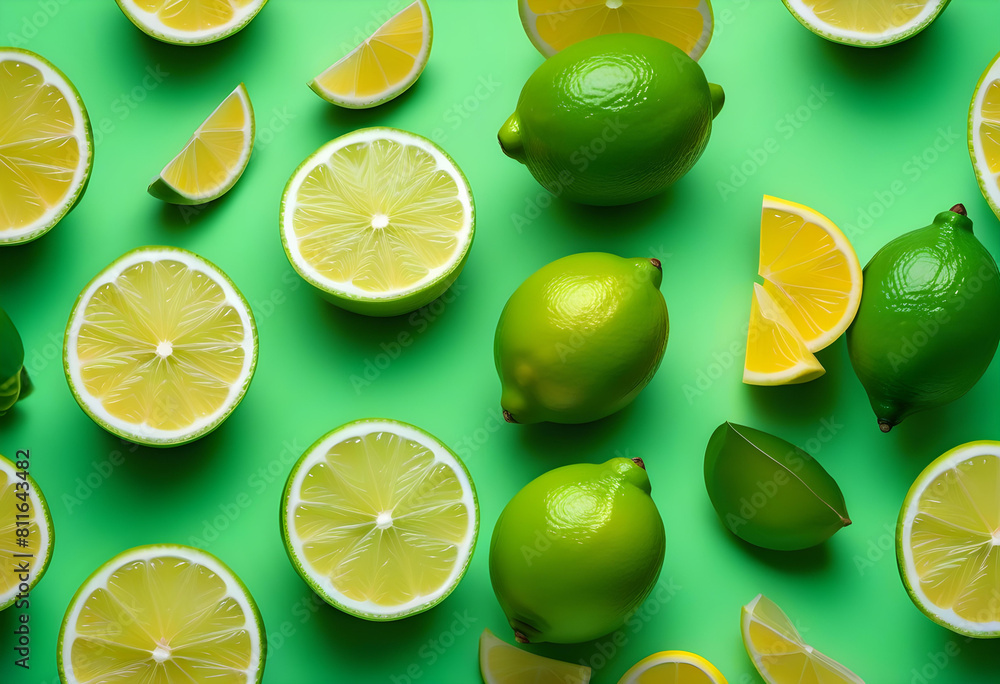 A flat lay photo of a creative pattern made of limes on a pastel green background A flat lay photo of a creative pattern made of limes on a pastel green background