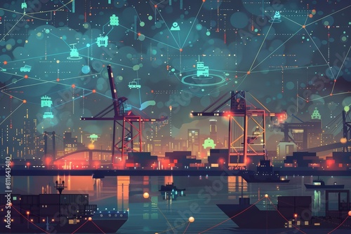 Design a digital illustration that depicts the interconnected network of transport systems involved in efficiently moving cargo between land  sea  and air