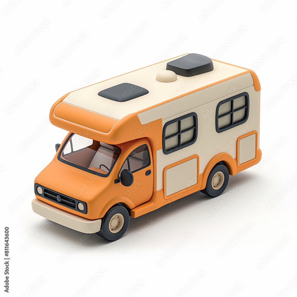 Cute RV Recreational Vehicle Cartoon Clay Illustration, 3D Icon, Isolated on white background