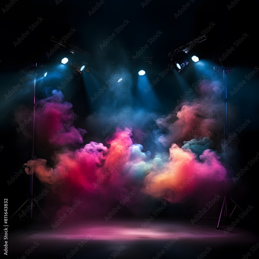 Stage light with colored spotlights and smoke. Concert hall. Generative AI.