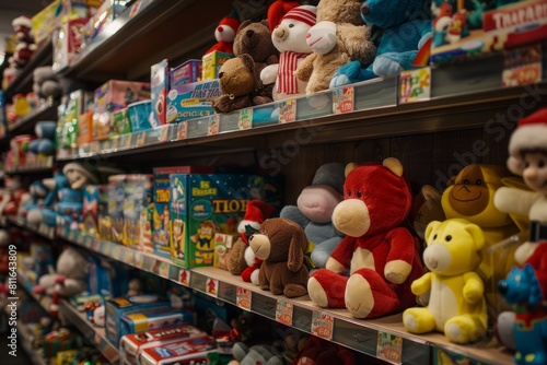 A closeup view of a store shelf packed with an assortment of stuffed animals, creating a colorful and playful display © Ilia Nesolenyi