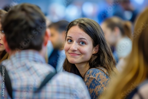 A woman sitting in a crowded conference hall, smiling with animated faces around her © Ilia Nesolenyi
