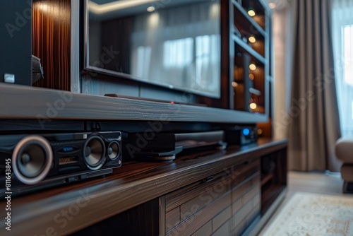 A closeup of a modern living room showcasing a large entertainment center with a flatscreen TV