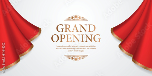 Realistic grand opening invitation banner with red curtains, golden elements and 3d editable text effect