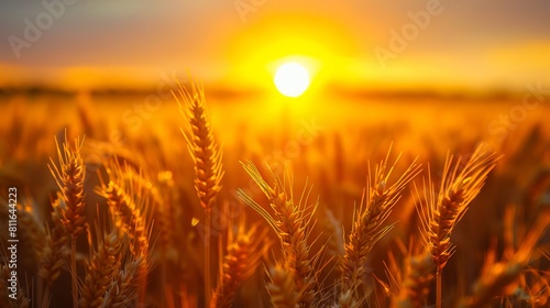 Wheat field with ears of wheat at sunset.
