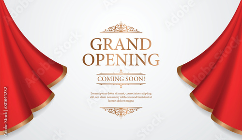 Realistic grand opening invitation banner with red curtains, golden elements and 3d editable text effect