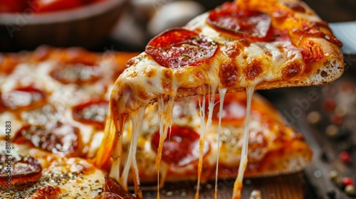 An enticing close-up of a mouthwatering slice of pepperoni pizza with gooey melted cheese.